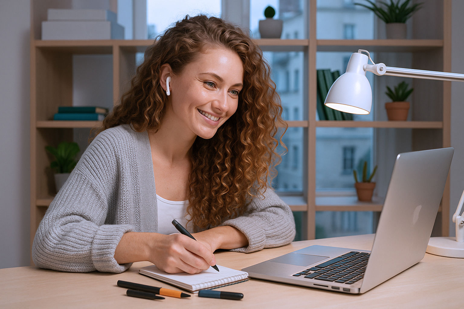 One-on-one language coaching: A young woman takes notes while interacting with the ur-welcome language coach in a video session.